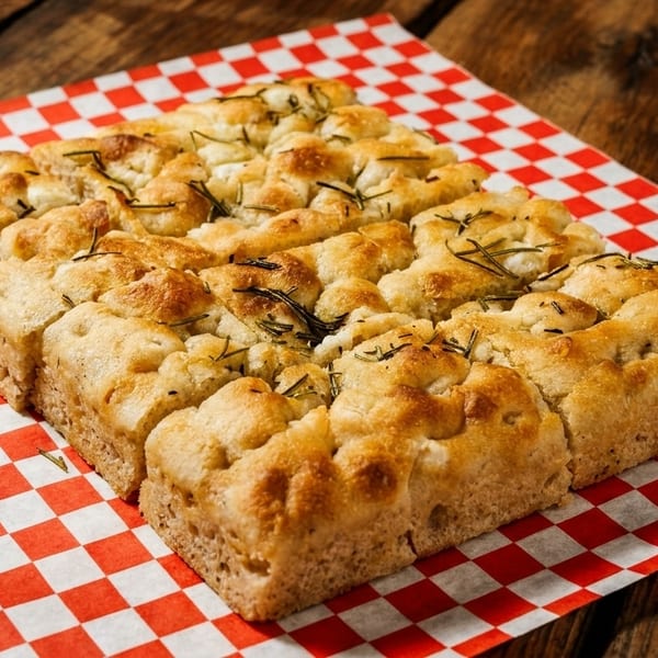 Golden brown focaccia bread, topped with rosemary, sits on red and white checkered paper.