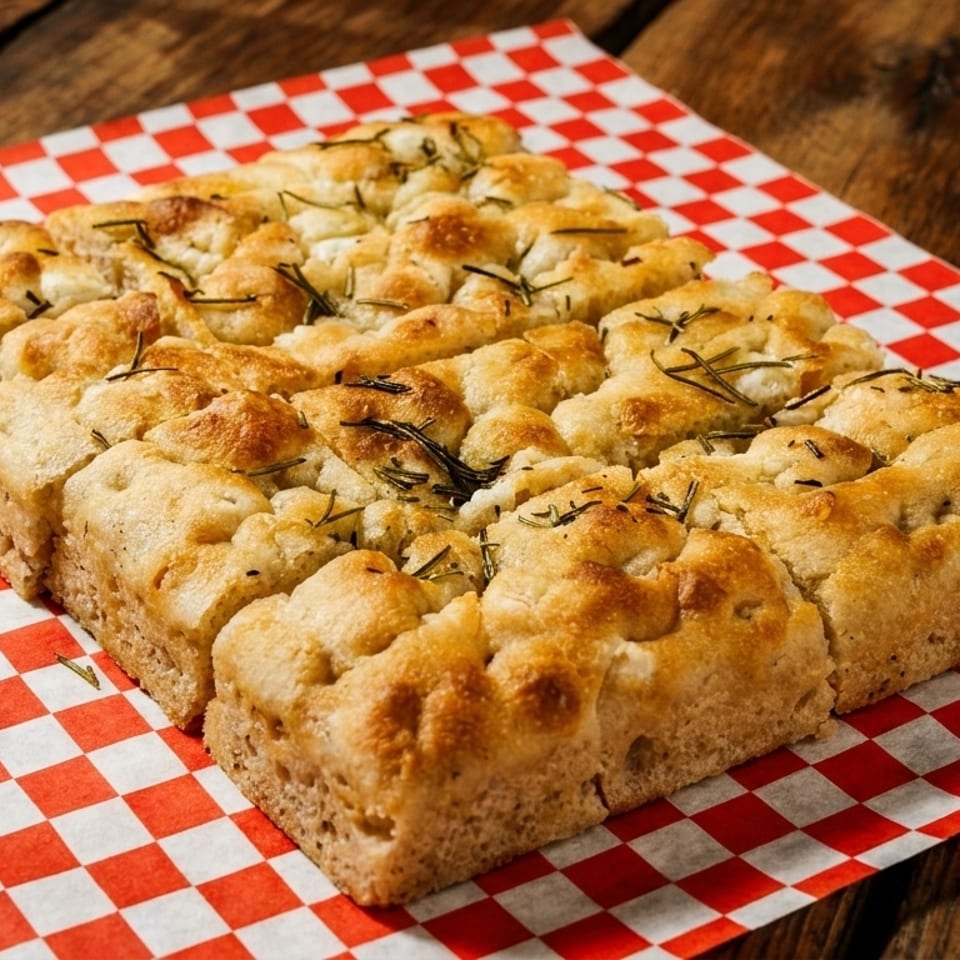 Golden brown focaccia bread, topped with rosemary, sits on red and white checkered paper.
