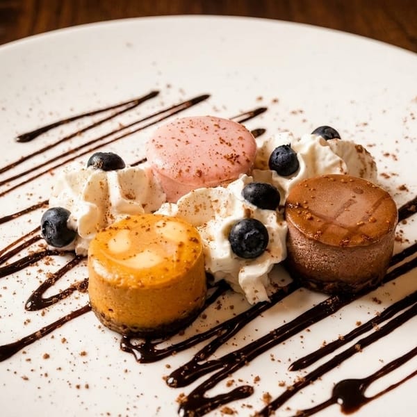 Three mini cheesecakes with whipped cream, blueberries, and a pink macaron, drizzled with chocolate sauce.