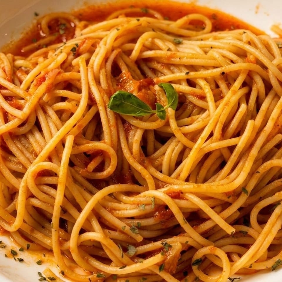 A white bowl filled with spaghetti in red sauce, garnished with a basil leaf and herbs.